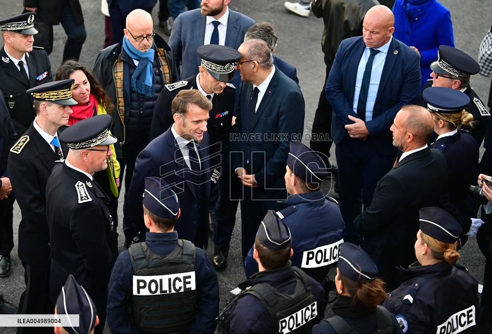 French President Macron Inaugurates Police Station In Marseille - France