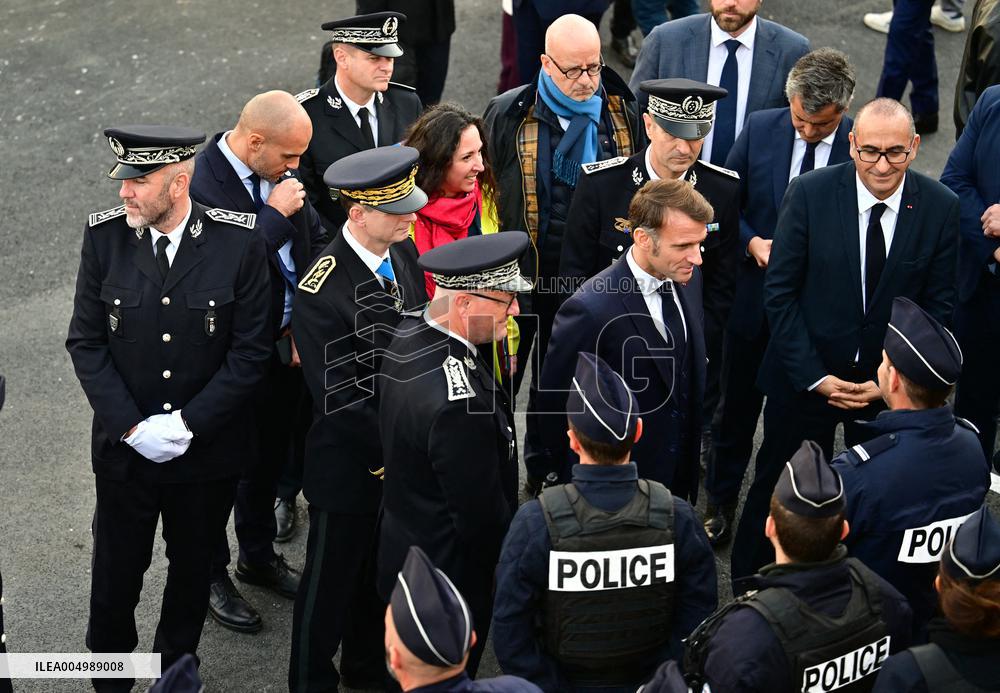 French President Macron Inaugurates Police Station In Marseille - France