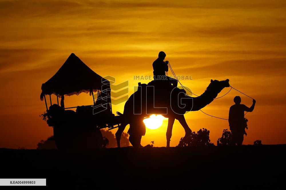 Tourists Enjoy a Camel Safari - India