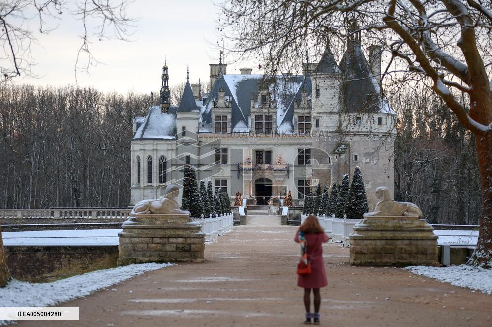 Snow-covered Chateau de Chenonceau on Christmas Morning