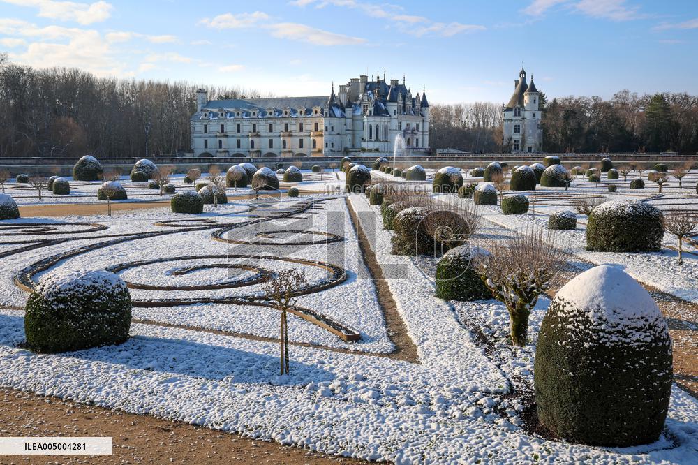 Snow-covered Chateau de Chenonceau on Christmas Morning