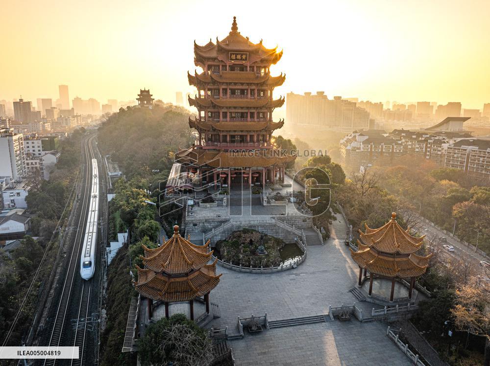 Sunrise Over Yellow Crane Tower In Wuhan - China