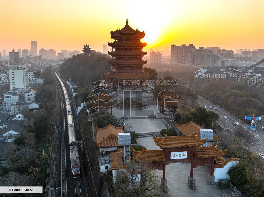 Sunrise Over Yellow Crane Tower In Wuhan - China