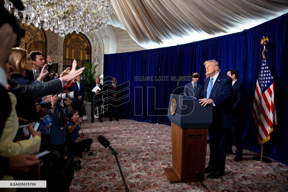 Donald Trump at news conference at the Mar-a-Lago Club in Palm Beach