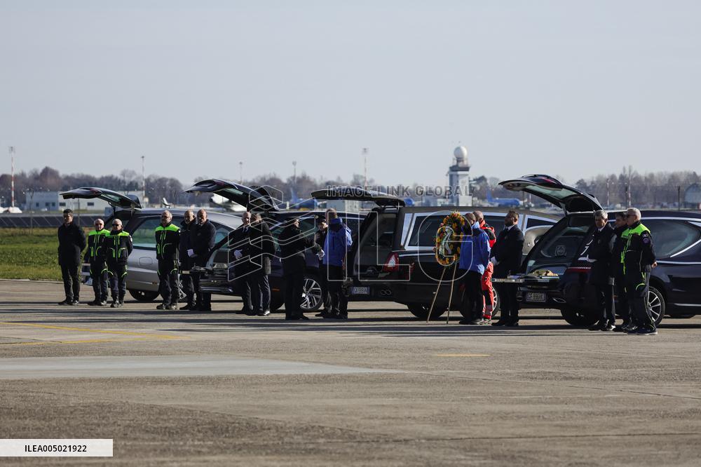Coffins Of Crans Montana Fire Victims Arrive At Linate Airport - Milan