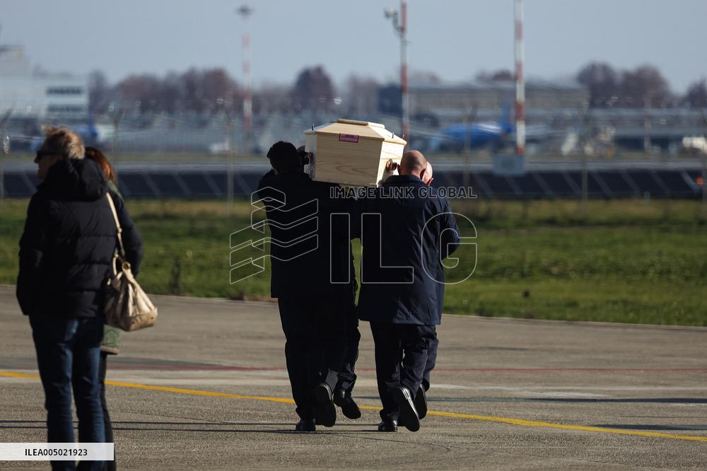 Coffins Of Crans Montana Fire Victims Arrive At Linate Airport - Milan