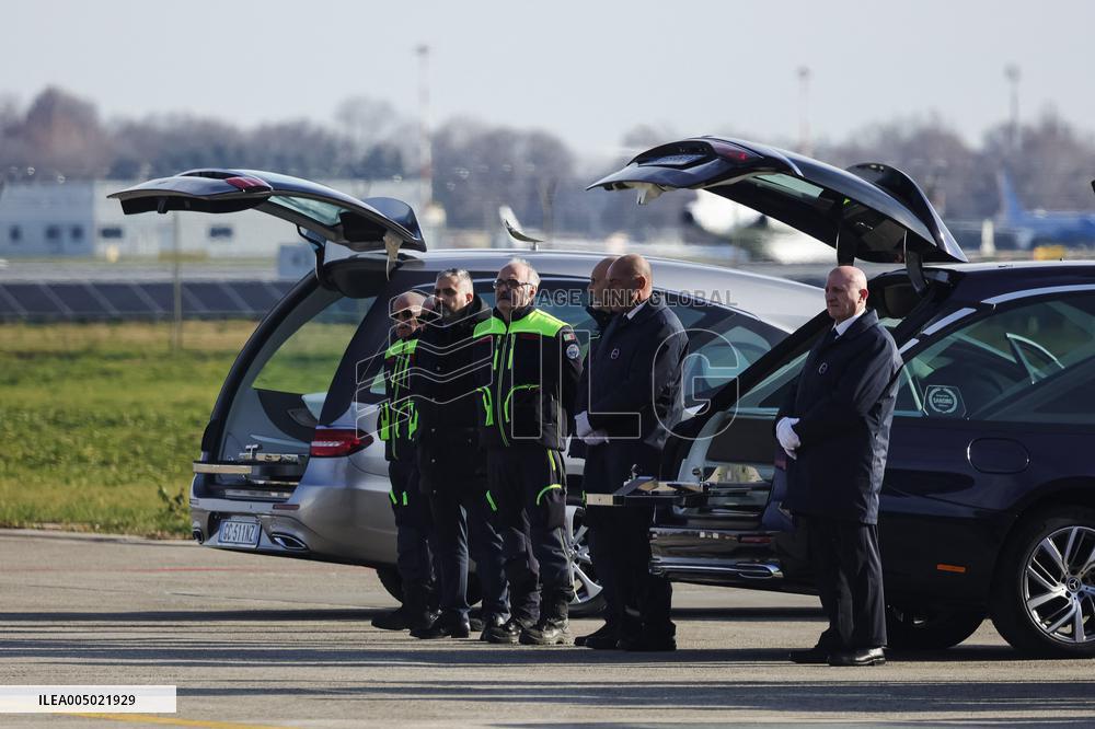 Coffins Of Crans Montana Fire Victims Arrive At Linate Airport - Milan
