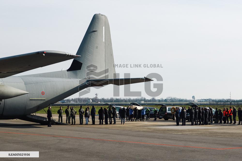 Coffins Of Crans Montana Fire Victims Arrive At Linate Airport - Milan