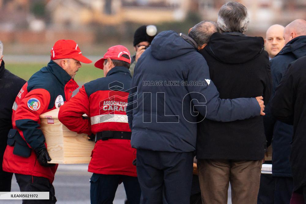 Coffins Of Crans Montana Fire Victims Arrive At Linate Airport - Milan