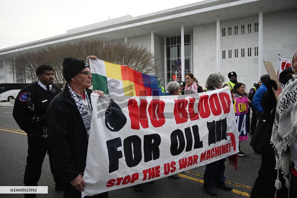Protesters gather to denounce Trump administration's actions in venezuela
