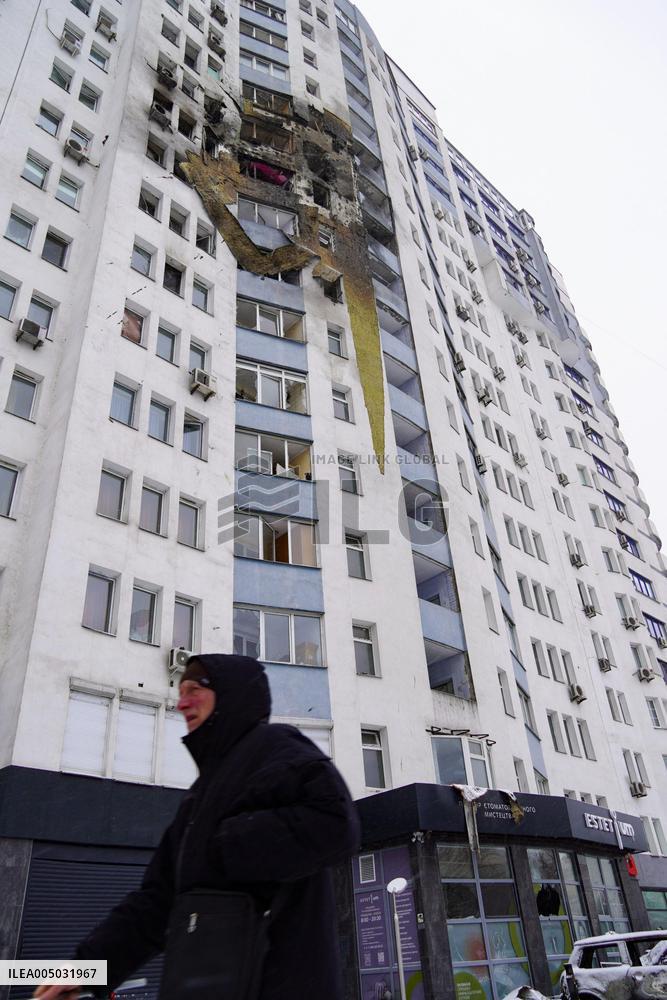 Drone-attacked condo in Kyiv