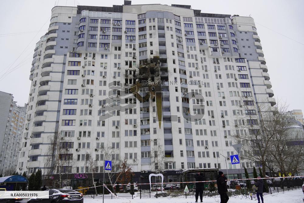 Drone-attacked condo in Kyiv