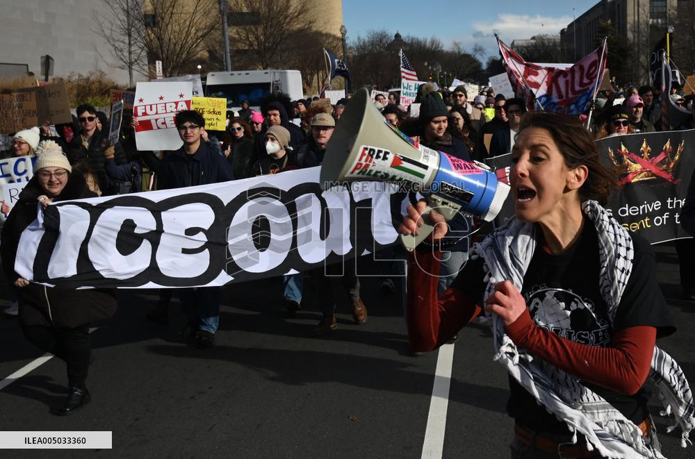 Anti-ICE protesters gather outside the US Immigration and Customs Enforcement (ICE)  headquarters