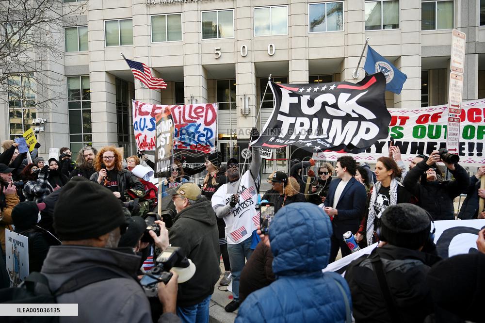 Anti-ICE protesters gather outside the US Immigration and Customs Enforcement (ICE)  headquarters