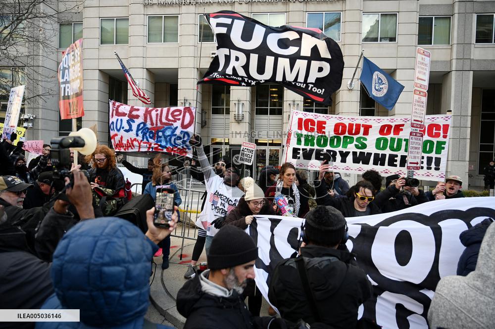 Anti-ICE protesters gather outside the US Immigration and Customs Enforcement (ICE)  headquarters