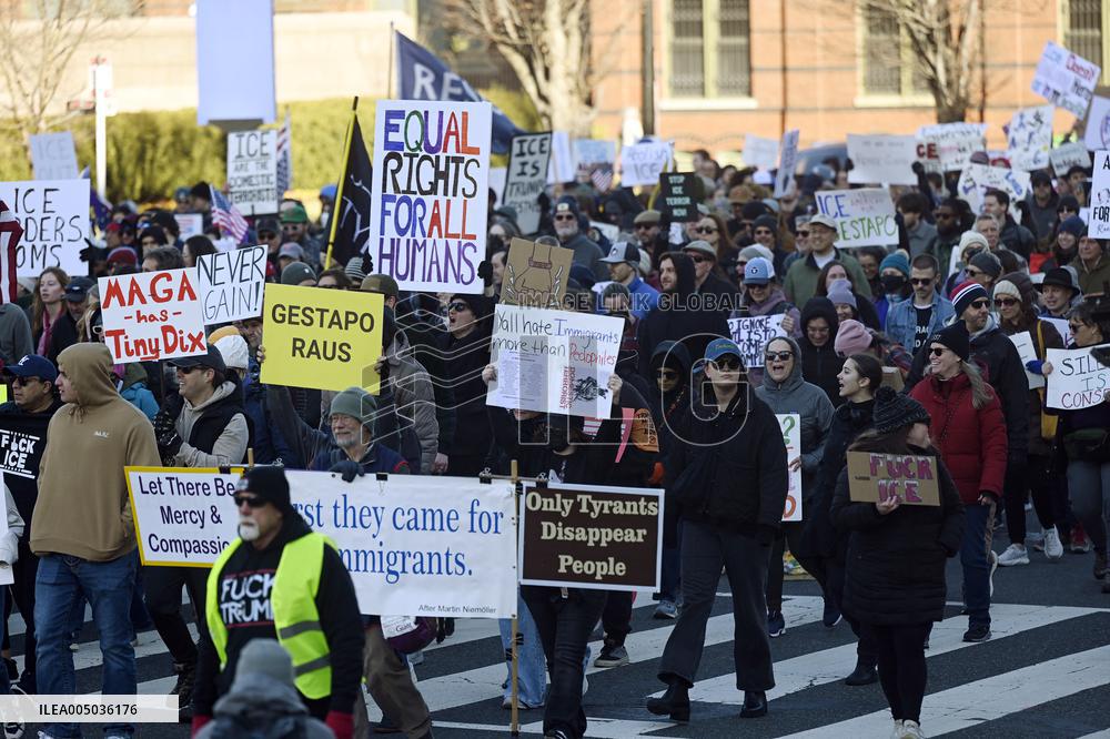 Anti-ICE protesters gather outside the US Immigration and Customs Enforcement (ICE)  headquarters