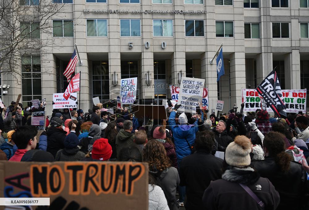 Anti-ICE protesters gather outside the US Immigration and Customs Enforcement (ICE)  headquarters