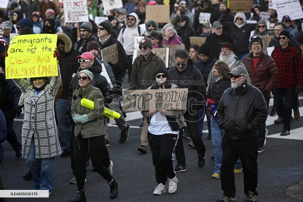 Anti-ICE protesters gather outside the US Immigration and Customs Enforcement (ICE)  headquarters