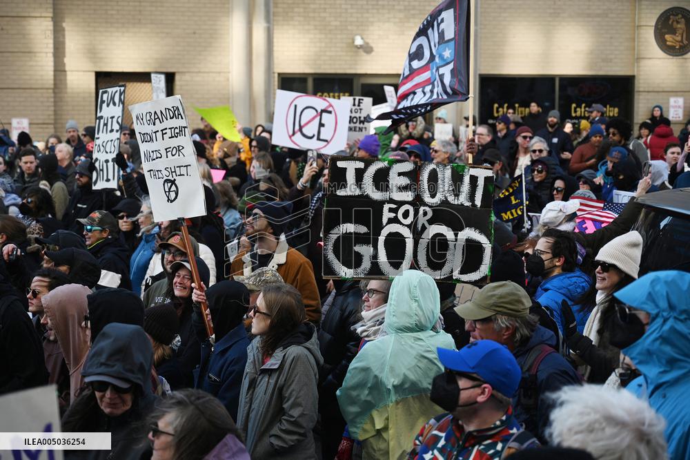 Anti-ICE protesters gather outside the US Immigration and Customs Enforcement (ICE)  headquarters