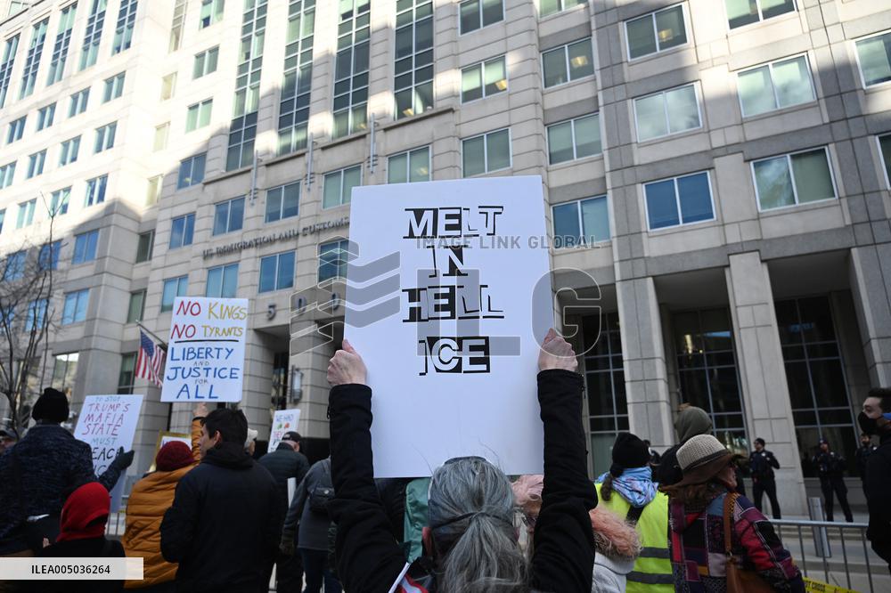 Anti-ICE protesters gather outside the US Immigration and Customs Enforcement (ICE)  headquarters
