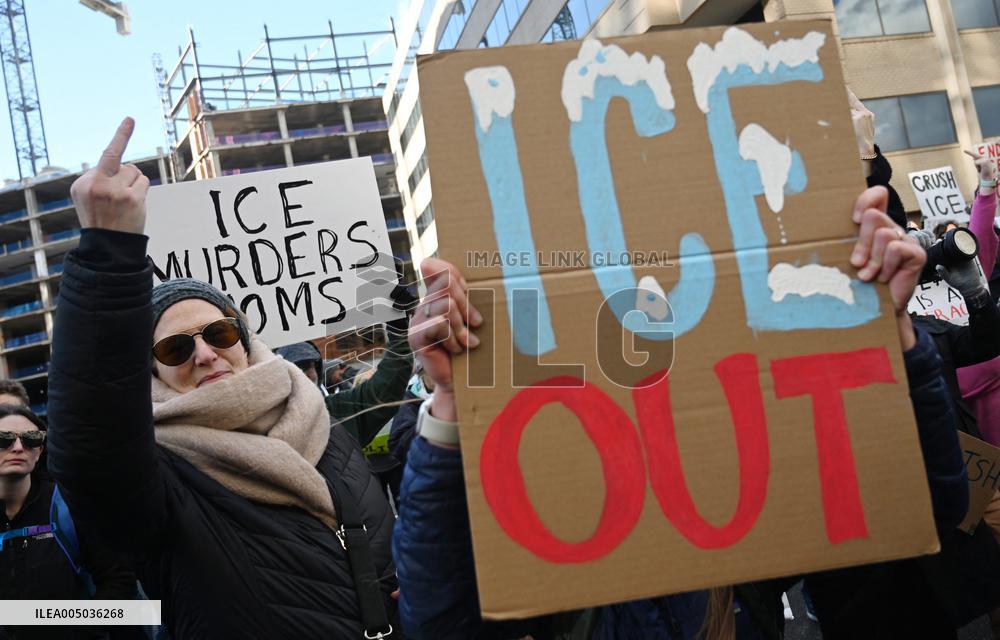 Anti-ICE protesters gather outside the US Immigration and Customs Enforcement (ICE)  headquarters