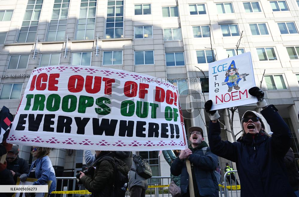 Anti-ICE protesters gather outside the US Immigration and Customs Enforcement (ICE)  headquarters