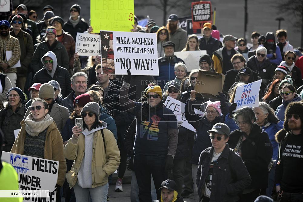 Anti-ICE protesters gather outside the US Immigration and Customs Enforcement (ICE)  headquarters