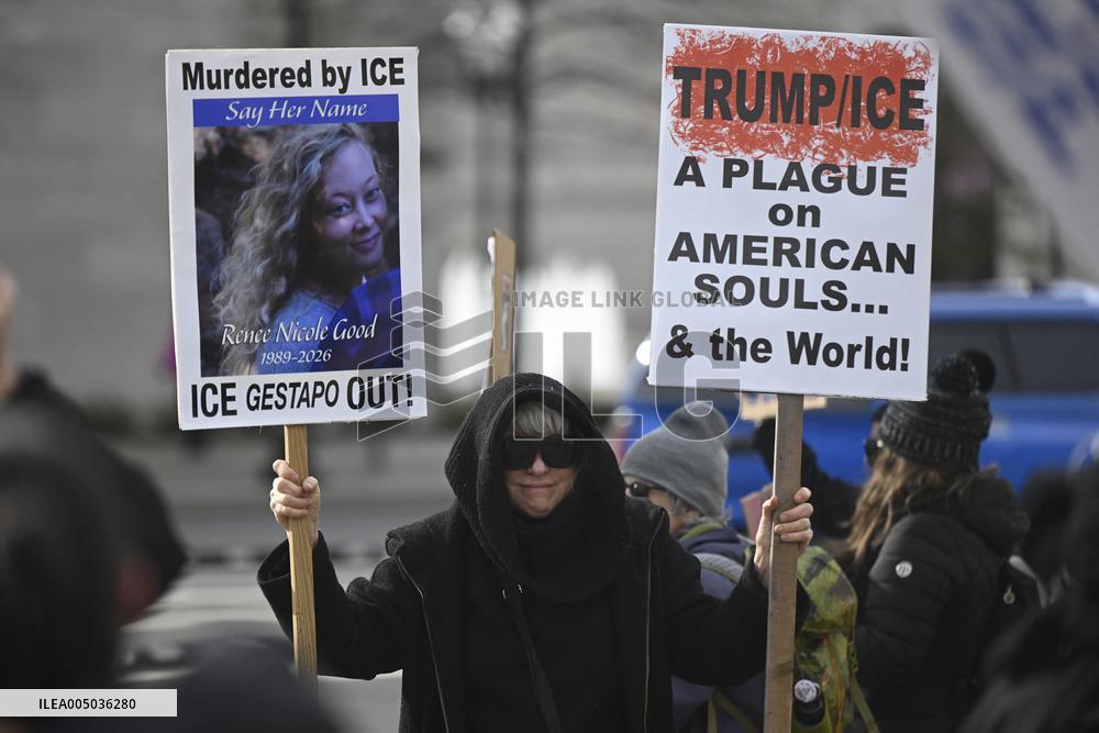 Anti-ICE protesters gather outside the US Immigration and Customs Enforcement (ICE)  headquarters