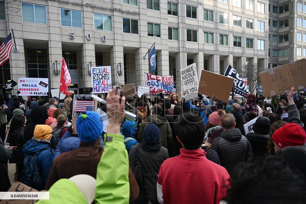 Anti-ICE protesters gather outside the US Immigration and Customs Enforcement (ICE)  headquarters