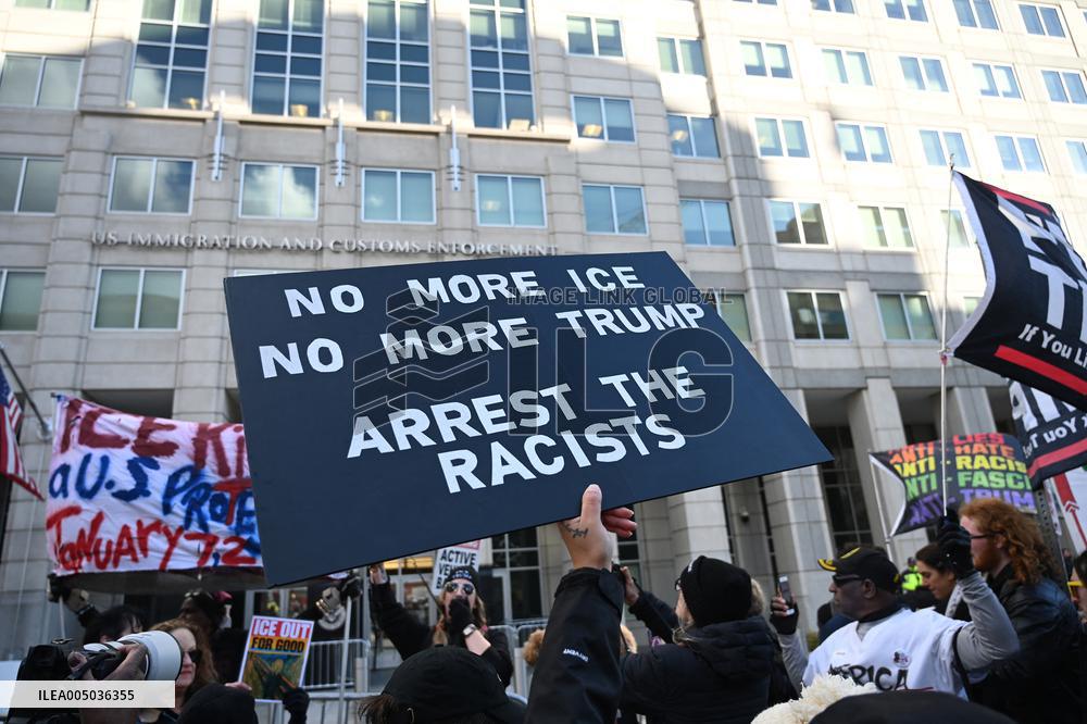 Anti-ICE protesters gather outside the US Immigration and Customs Enforcement (ICE)  headquarters
