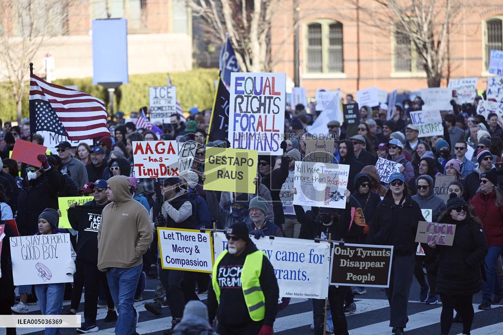 Anti-ICE protesters gather outside the US Immigration and Customs Enforcement (ICE)  headquarters