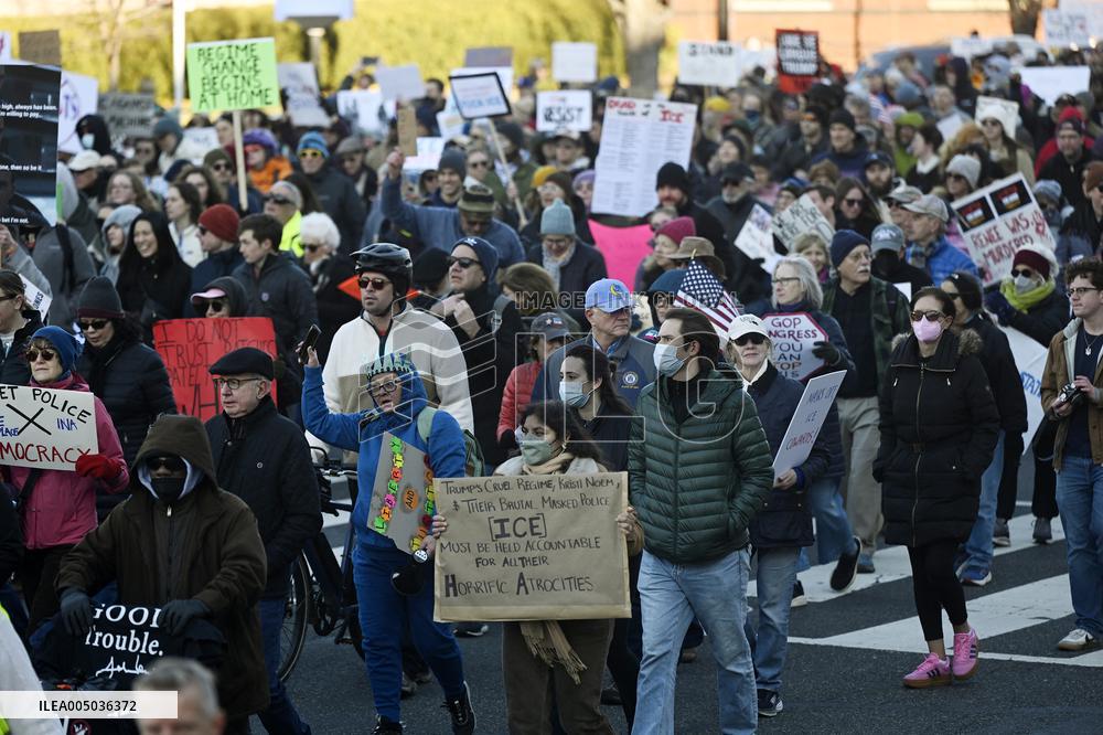 Anti-ICE protesters gather outside the US Immigration and Customs Enforcement (ICE)  headquarters