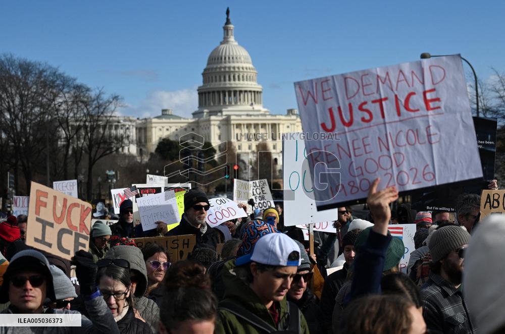 Anti-ICE protesters gather outside the US Immigration and Customs Enforcement (ICE)  headquarters