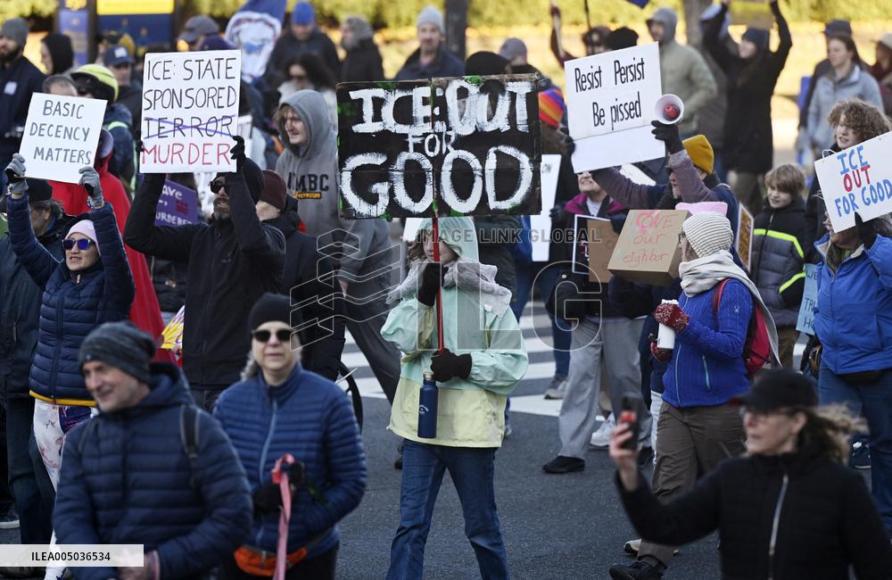 Anti-ICE protesters gather outside the US Immigration and Customs Enforcement (ICE)  headquarters