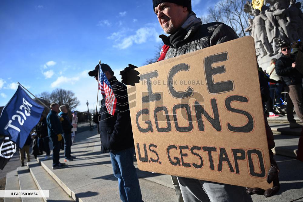 Anti-ICE protesters gather outside the US Immigration and Customs Enforcement (ICE)  headquarters