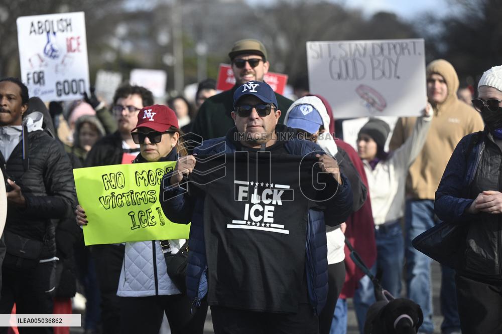 Anti-ICE protesters gather outside the US Immigration and Customs Enforcement (ICE)  headquarters