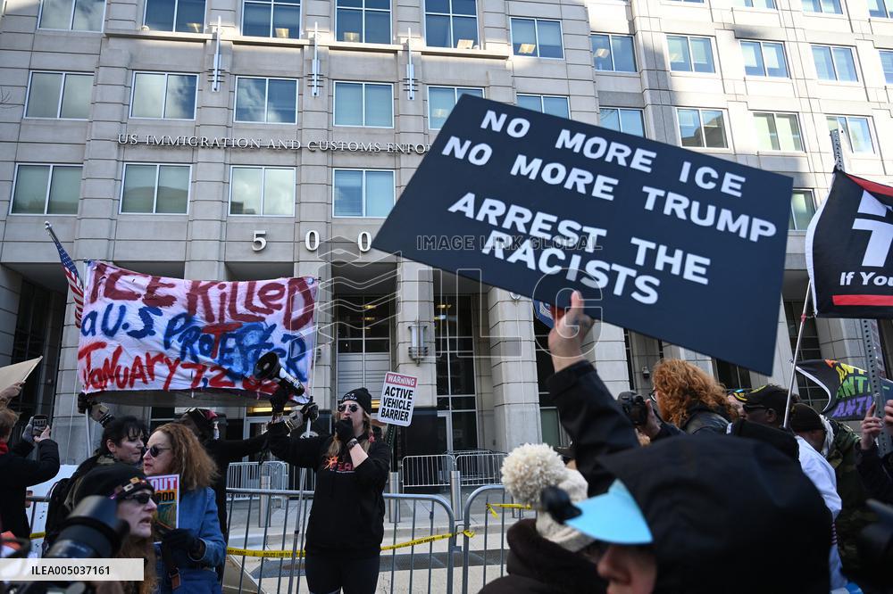 Anti-ICE protesters gather outside the US Immigration and Customs Enforcement (ICE)  headquarters