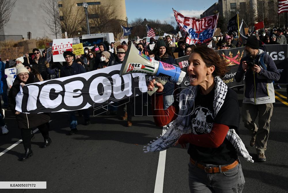 Anti-ICE protesters gather outside the US Immigration and Customs Enforcement (ICE)  headquarters