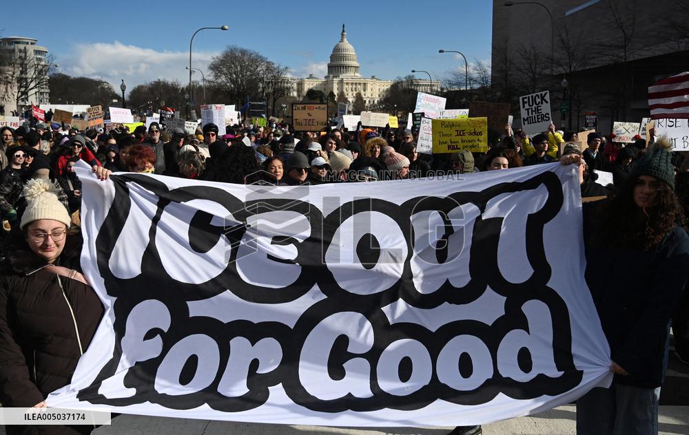 Anti-ICE protesters gather outside the US Immigration and Customs Enforcement (ICE)  headquarters