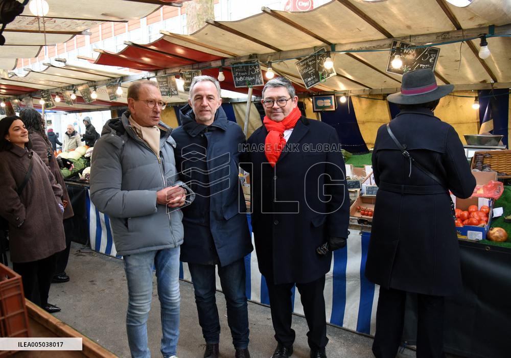 Emmanuel Gregoire and Bertrand Delanoe During A Campaign Visit - Paris