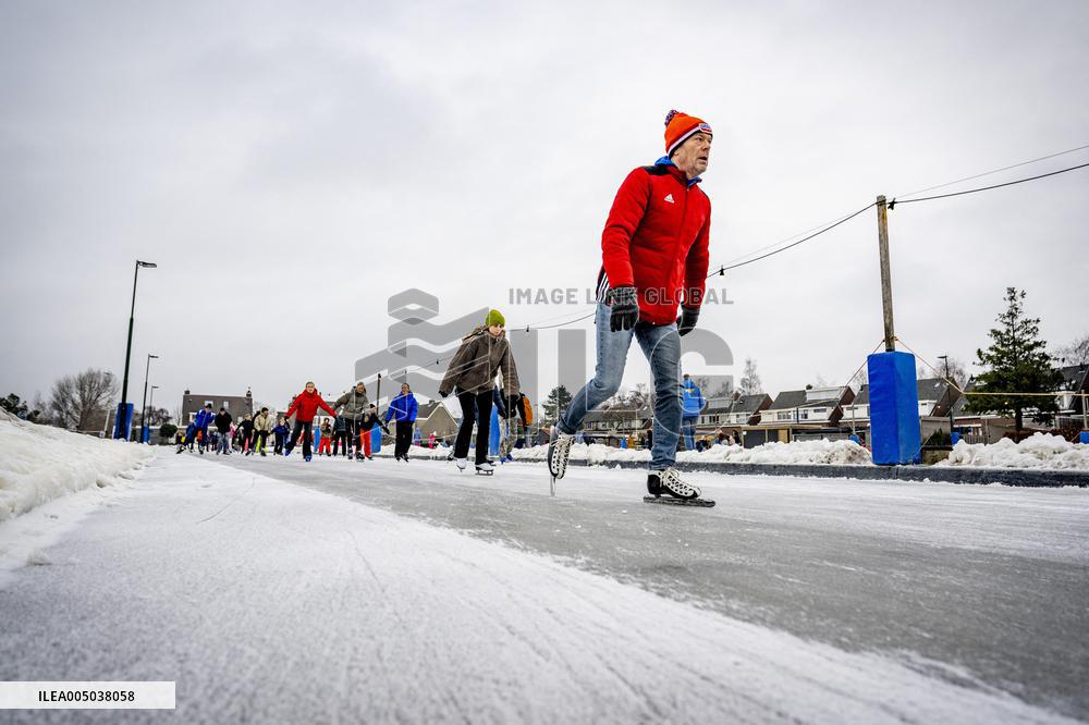 People Skate on Natural Ice Rink in Boskoop - Netherlands