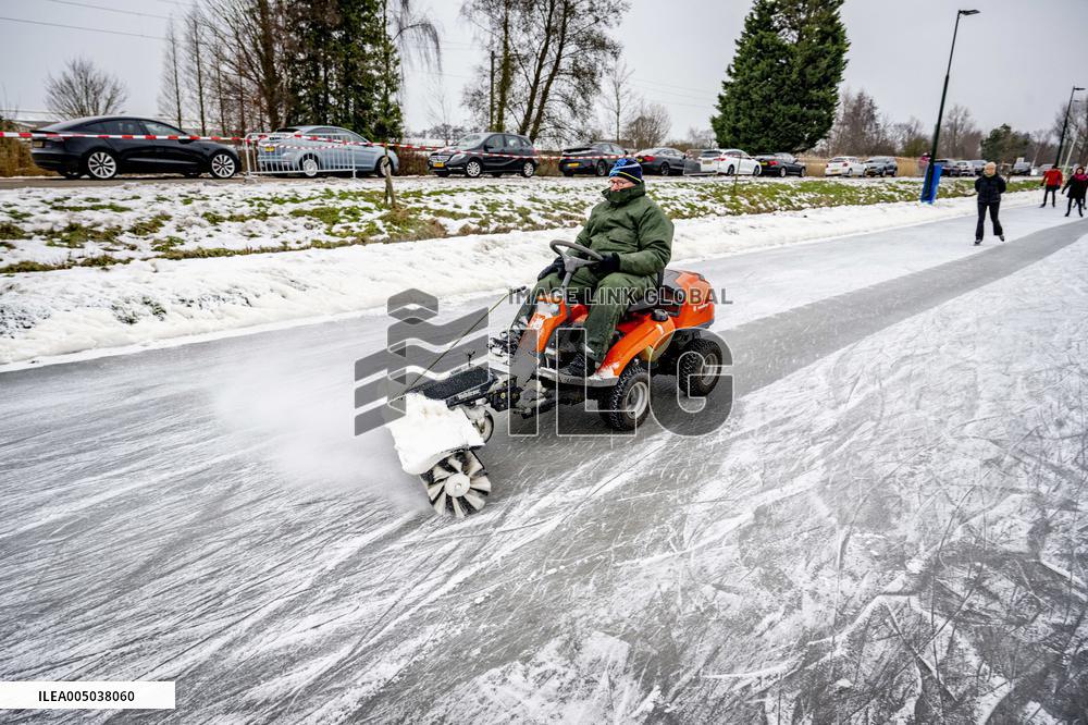 People Skate on Natural Ice Rink in Boskoop - Netherlands