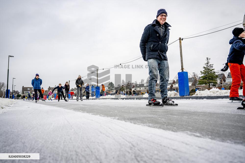 People Skate on Natural Ice Rink in Boskoop - Netherlands