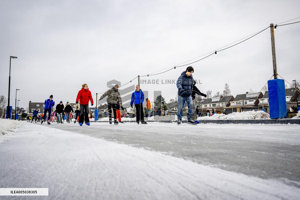 People Skate on Natural Ice Rink in Boskoop - Netherlands
