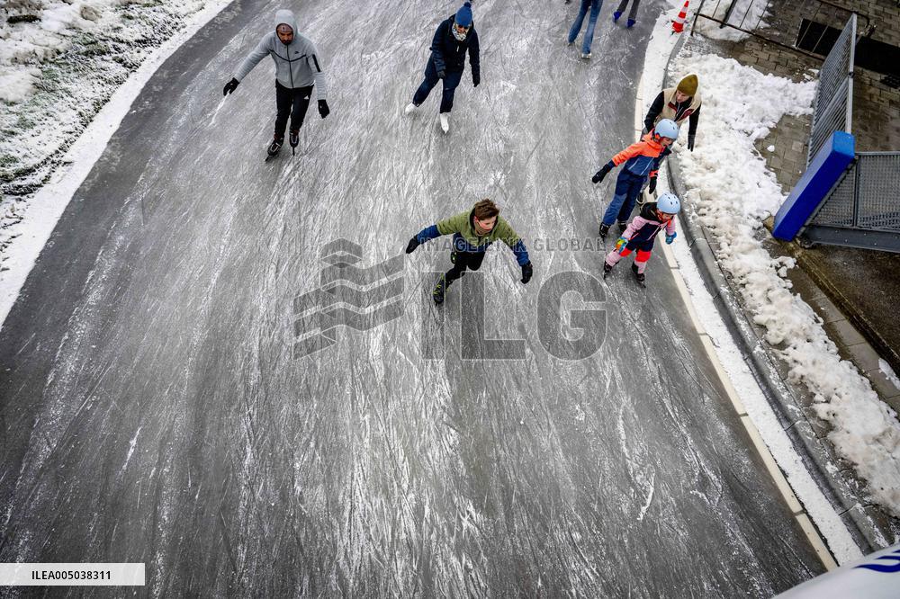 People Skate on Natural Ice Rink in Boskoop - Netherlands