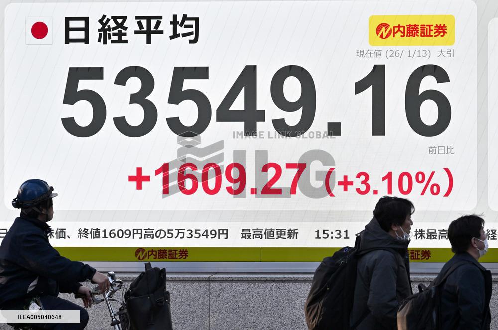 Nikkei stock index closes at record high