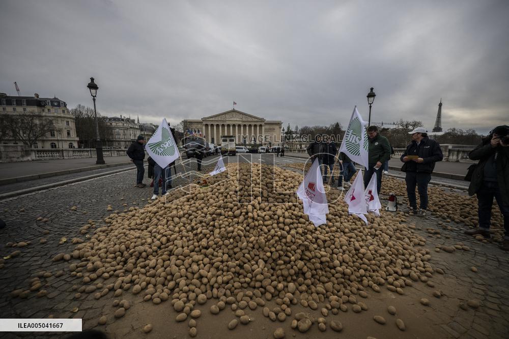 Farmers Dump 30 Tonnes of Potatoes on The Concorde Bridge - Paris