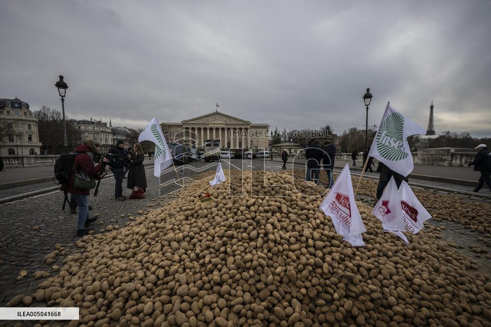 Farmers Dump 30 Tonnes of Potatoes on The Concorde Bridge - Paris