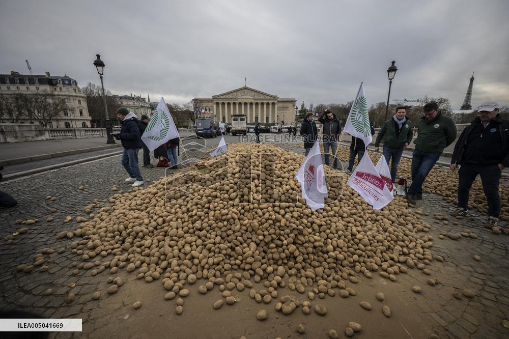 Farmers Dump 30 Tonnes of Potatoes on The Concorde Bridge - Paris
