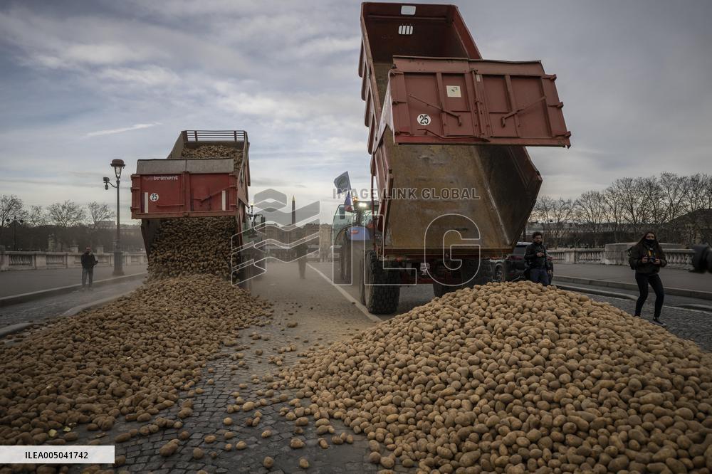 Farmers Dump 30 Tonnes of Potatoes on The Concorde Bridge - Paris